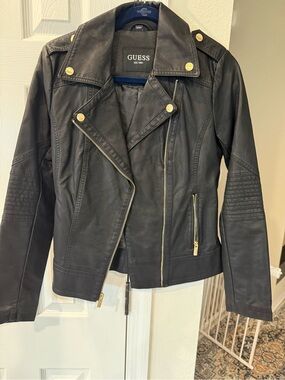 GUESS Black Faux Leather Moto Jacket with Gold Hardware NWOT